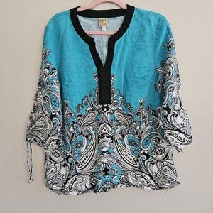 JM Collection Womens Blue Black White Linen Paisley Top Rindstone Size Large